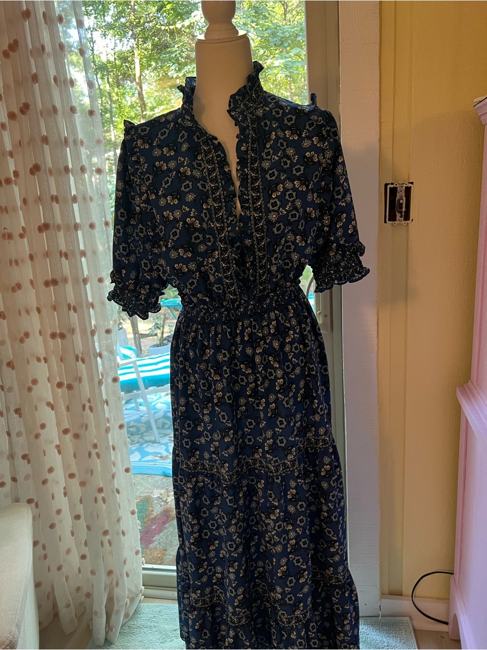 Max Studio Navy Floral Ruffle-Edge Maxi Dress